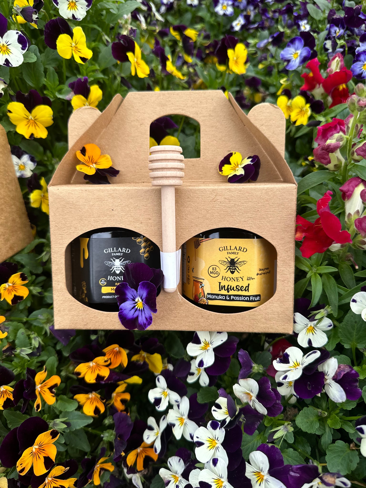 Gift Box with 2 x 250gm jars, Manuka and Manuka/Passionfruit Infused Honey with Dipper